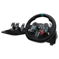 Logitech G29 racing wheel with three pedal set and various control buttons