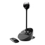 Logitech BCC950 webcam with speakerphone and remote control, featuring a sleek black design.