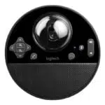 Logitech BCC950 webcam and speakerphone top view with control buttons and camera lens.