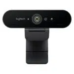 Logitech BRIO 4K Ultra HD Webcam with adjustable clip and built-in lens. angle view