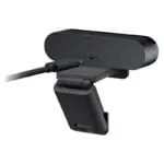 Logitech BRIO webcam rear view showing USB-C port and adjustable clip design.