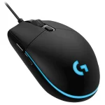 Logitech G Pro Hero gaming mouse with side buttons and blue LED accents.