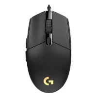 Logitech G102 LIGHTSYNC gaming mouse in black, featuring side buttons and a textured scroll wheel.