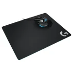 Logitech G240 cloth gaming mouse pad with a black surface and logo, featuring a gaming mouse on top.