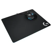 Logitech G240 cloth gaming mouse pad with a black surface and logo, featuring a gaming mouse on top.