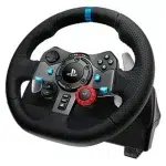 Logitech G29 racing wheel with black leather grip and blue accents, featuring buttons and a red dial.