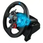 Logitech G29 racing wheel with textured grip and red dial, featuring buttons and a PlayStation logo.