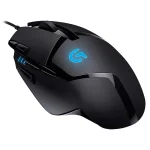 Logitech G402 gaming mouse with side buttons and blue LED logo, angled view.