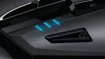 Close-up of Logitech G402 gaming mouse showing side buttons and LED indicator lights.
