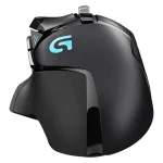 Logitech G502 gaming mouse showing side buttons and customizable RGB lighting.
