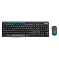 Logitech MK275 wireless keyboard with black keys and blue accents, paired with a matching mouse.