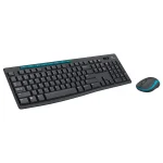 Logitech MK275 wireless keyboard in black with blue accents and matching mouse.