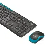 Logitech MK275 wireless keyboard with black keys and blue accents, paired with a matching mouse. angle view