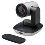 Logitech PTZ PRO 2 HD conference camera with remote control and adjustable lens.