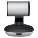 Logitech PTZ Pro 2 conference camera with a sleek silver design and adjustable lens.