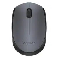 Logitech M171 wireless mouse in gray with a scroll wheel and logo on the side.