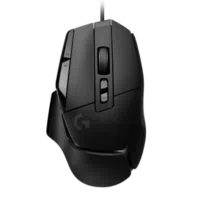 Logitech G502 X gaming mouse with side buttons and scroll wheel, black color.