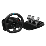 Logitech G923 racing steering wheel with pedals, featuring textured grip and control buttons.