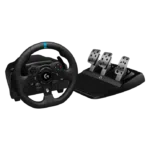 Logitech G923 racing steering wheel with pedals, featuring textured grip and control buttons.