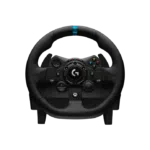 Logitech G923 steering wheel with black leather grip and colorful control buttons