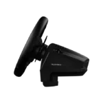 Logitech G923 steering wheel side view showcasing Trueforce technology and textured grip.