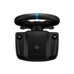 Logitech G923 steering wheel with black finish and blue accent, showing front view and button layout.