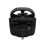 Bottom view of Logitech G923 steering wheel showing connection ports and cable management features.