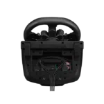 Bottom view of Logitech G923 steering wheel showing connection ports and cable management features.