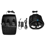 Logitech G923 steering wheel with pedals and power adapter, featuring a black design and various connection cables.
