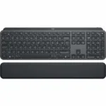 Logitech MX Keys Plus keyboard with palm rest, featuring a full key layout and backlit keys.