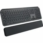 Logitech MX Keys Plus wireless keyboard with palm rest, featuring illuminated keys and sleek design.