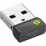 Logitech USB receiver for MX Keys Combo, featuring a sleek design and logo detail.