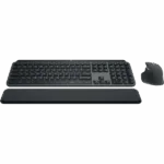 Logitech MX Keys S wireless illuminated keyboard with matching mouse, featuring a sleek design and comfortable palm rest.