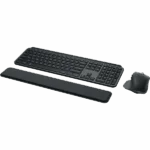 Logitech MX Keys Combo for Business with keyboard, mouse, and wrist rest in black.