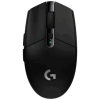 Logitech G305 LIGHTSPEED wireless gaming mouse in black, showing top view with scroll wheel and side buttons.