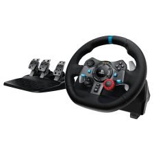 Logitech G29 racing wheel with three pedal set and various control buttons