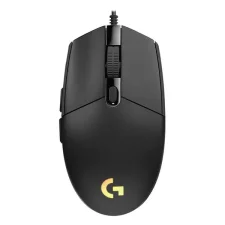 Logitech G102 LIGHTSYNC gaming mouse in black, featuring side buttons and a textured scroll wheel.