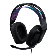 Logitech G335 black headset with plush ear cushions and adjustable headband.