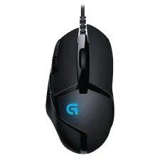 Logitech G402 gaming mouse with side buttons and illuminated logo, top view.